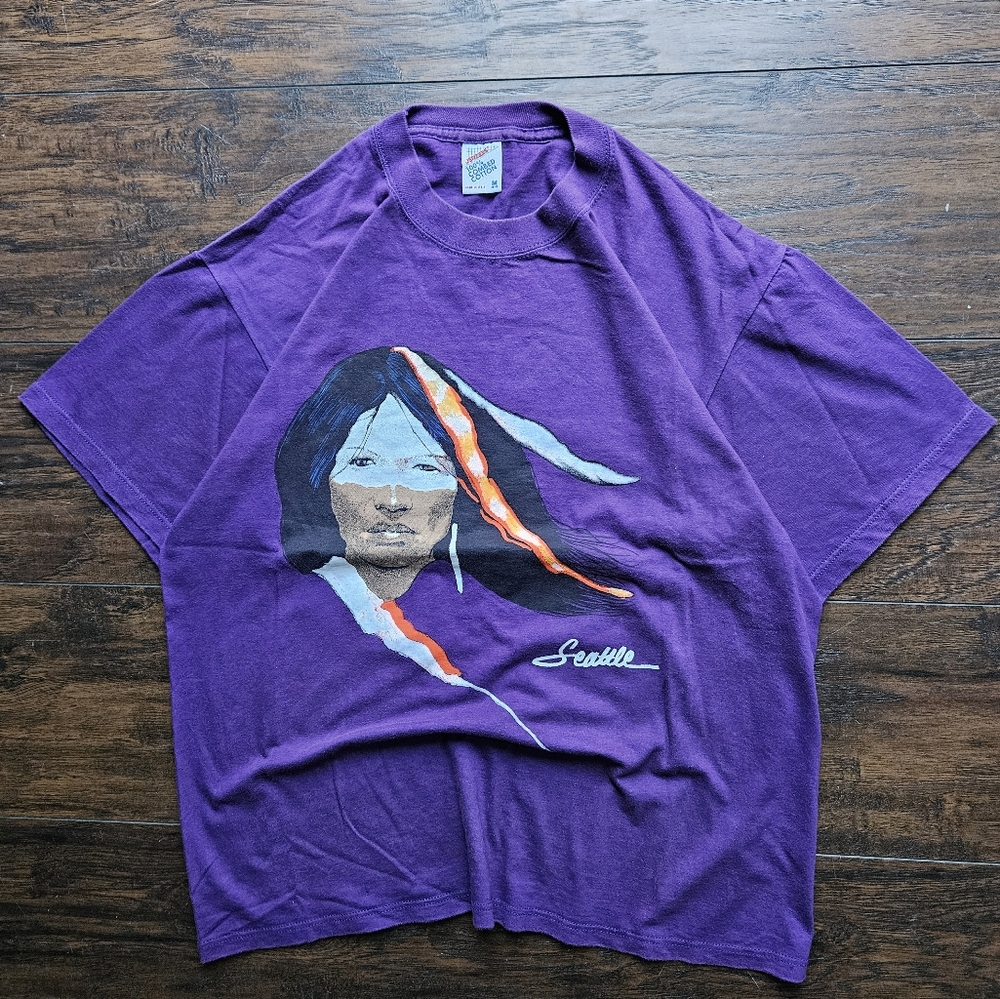 Vintage 90s Jerzees Seattle Native American Woman Souvenir T-shirt Size Medium